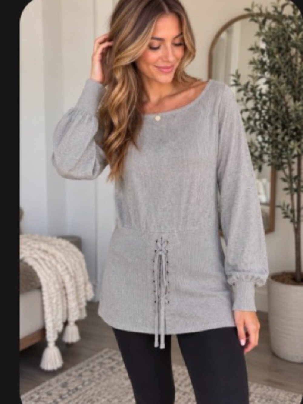 VENUS Gray Lace-Up Waist Scoop Neck Sweater